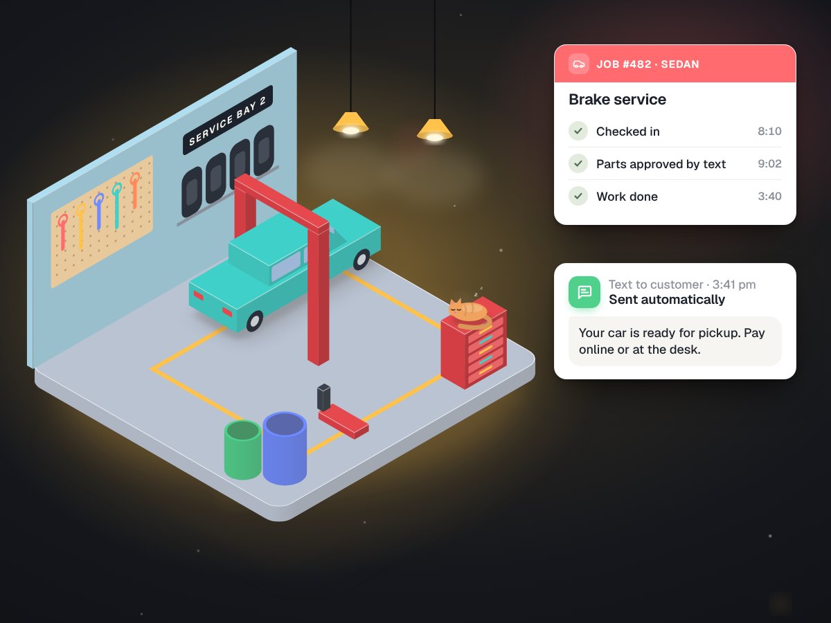 Illustration of a service bay with a car on a lift and a phone showing a status text to the owner.