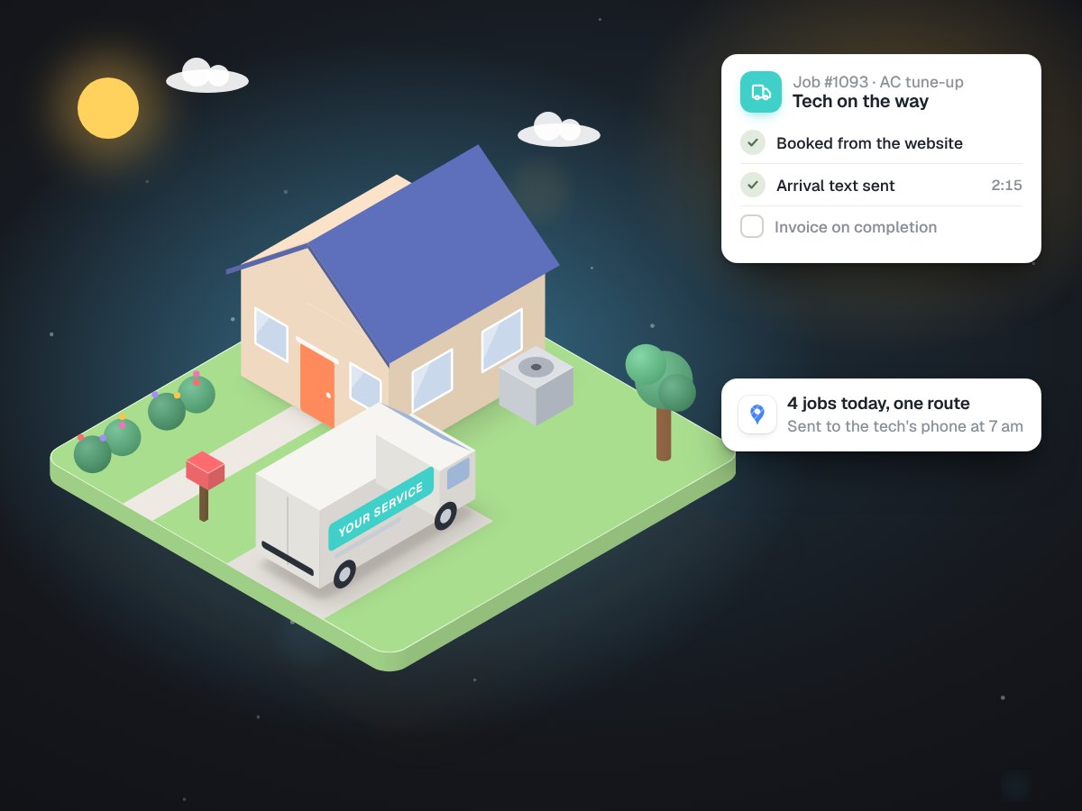 Illustration of a service van outside a house with a phone showing an on-my-way text and a signed quote.