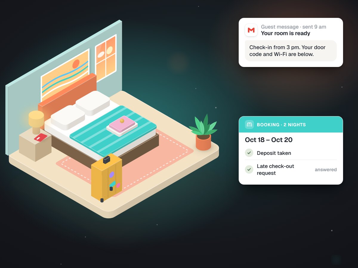 Illustration of a guest room key card beside a phone with messages in several languages.