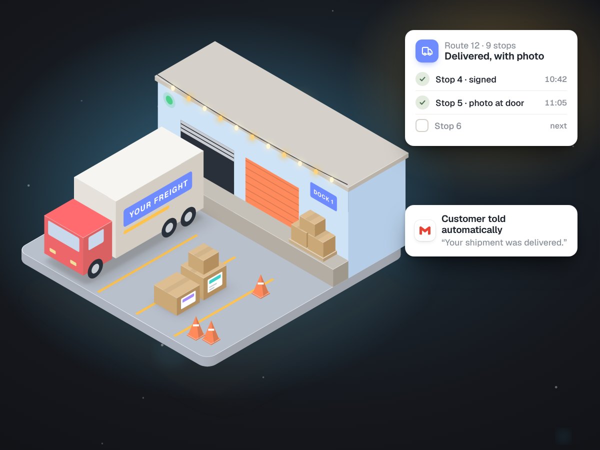 Illustration of a box on a conveyor next to a printer producing one shipping label and a matching invoice.