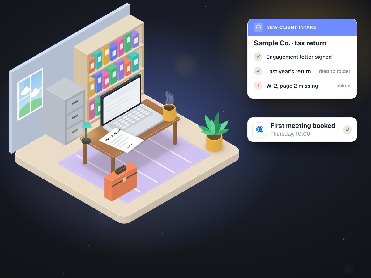 Illustration of a desk with a client folder, an engagement letter ready to sign and a tidy inbox on a laptop.