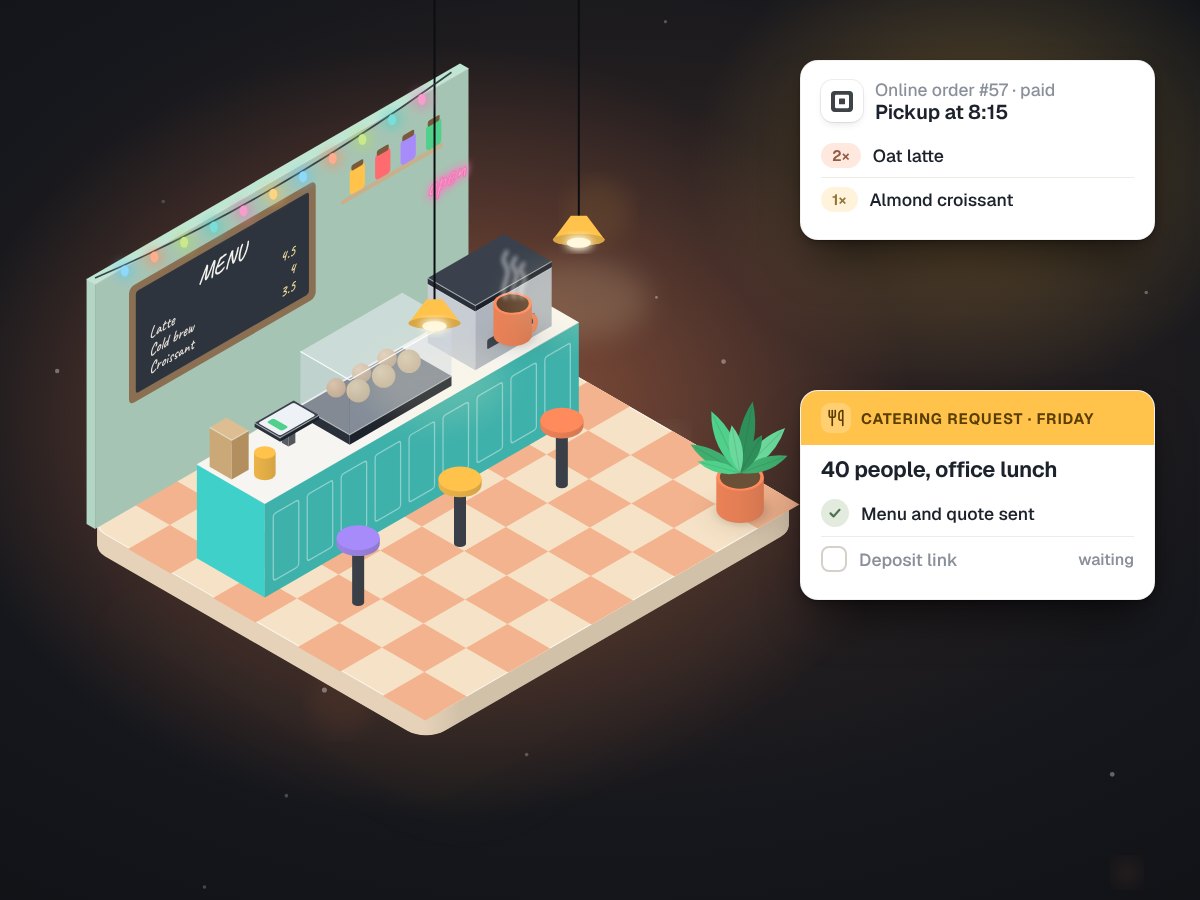 Illustration of a bakery counter with a tablet showing preorders and a ringing phone set aside.