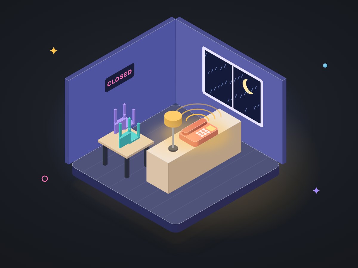 A dark shopfront at night, moon in the window, a phone on the counter lit up and ringing
