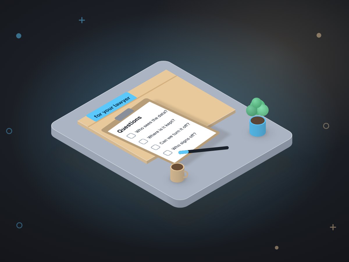 Illustration: a folder for the lawyer with a clipboard of questions and empty checkboxes