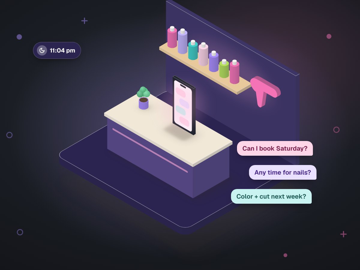 A phone glowing on a dark salon counter at night, filling up with booking messages.