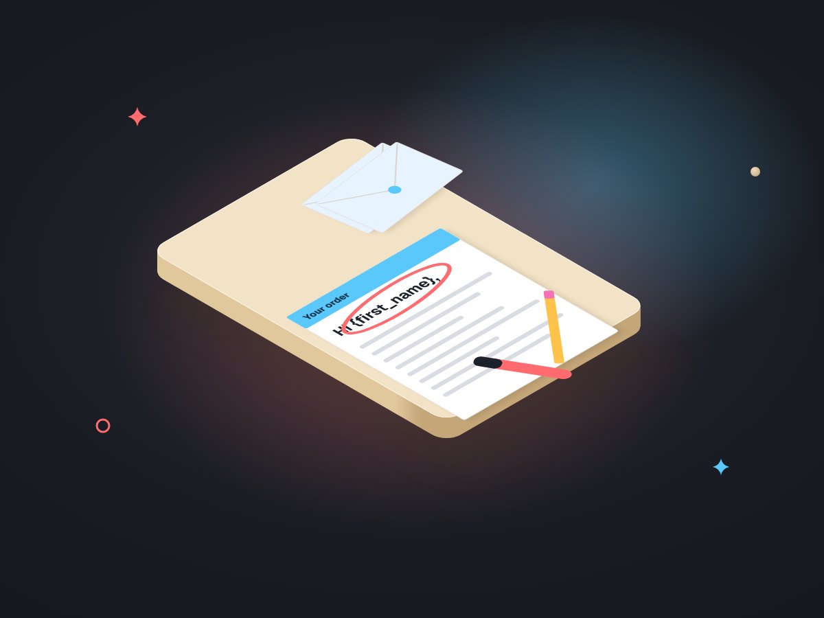 An open email on a card that begins Hi {first_name}, the broken merge field circled in red