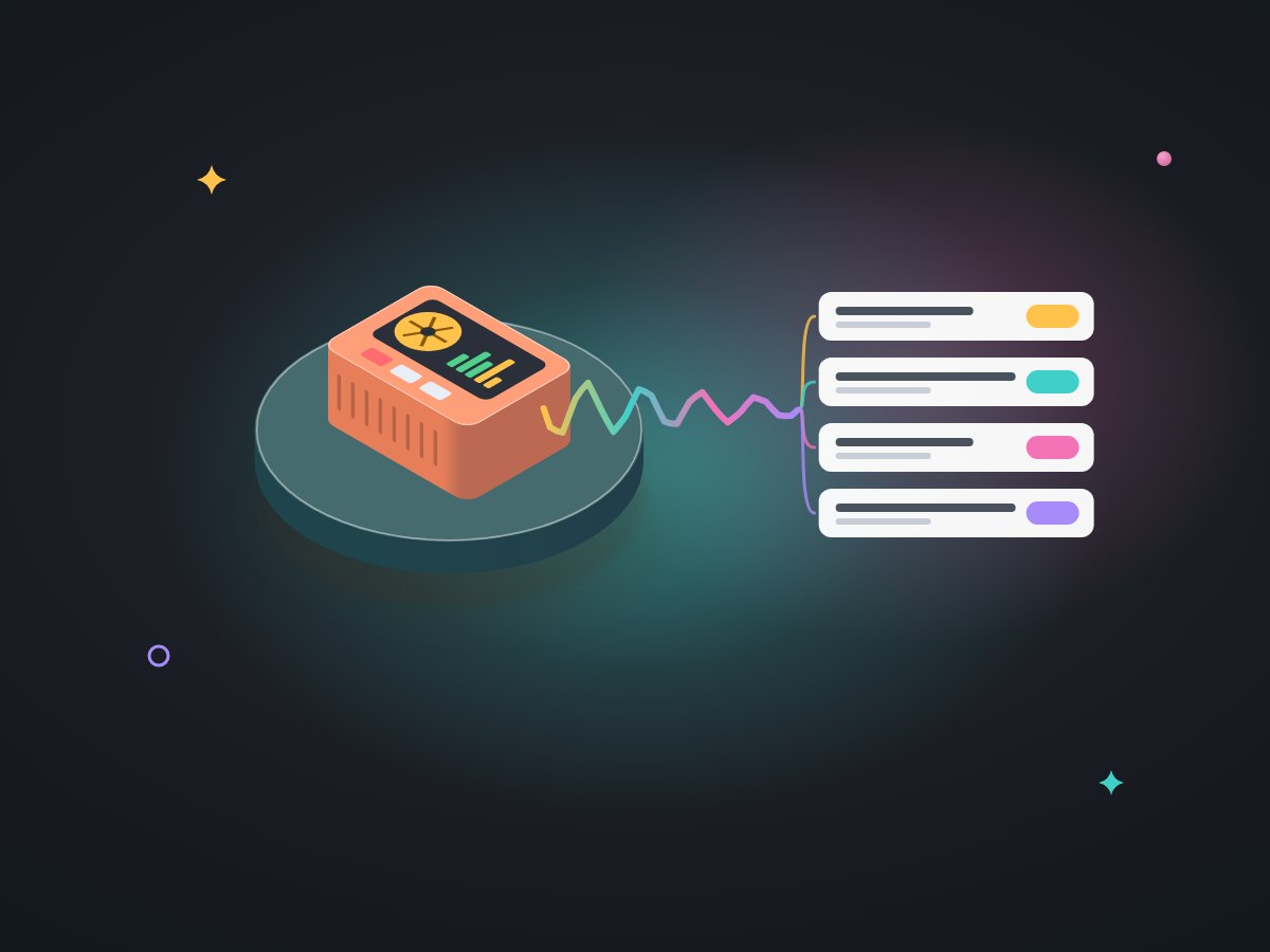 A sound wave flowing out of a small recorder and turning into lines of text, each with a coloured tag