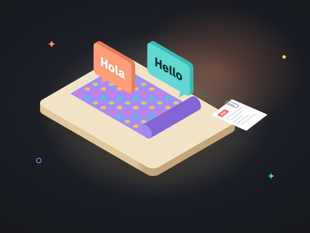 Two speech bubbles side by side, one saying Hola and one saying Hello, resting on a rolled-up vinyl banner
