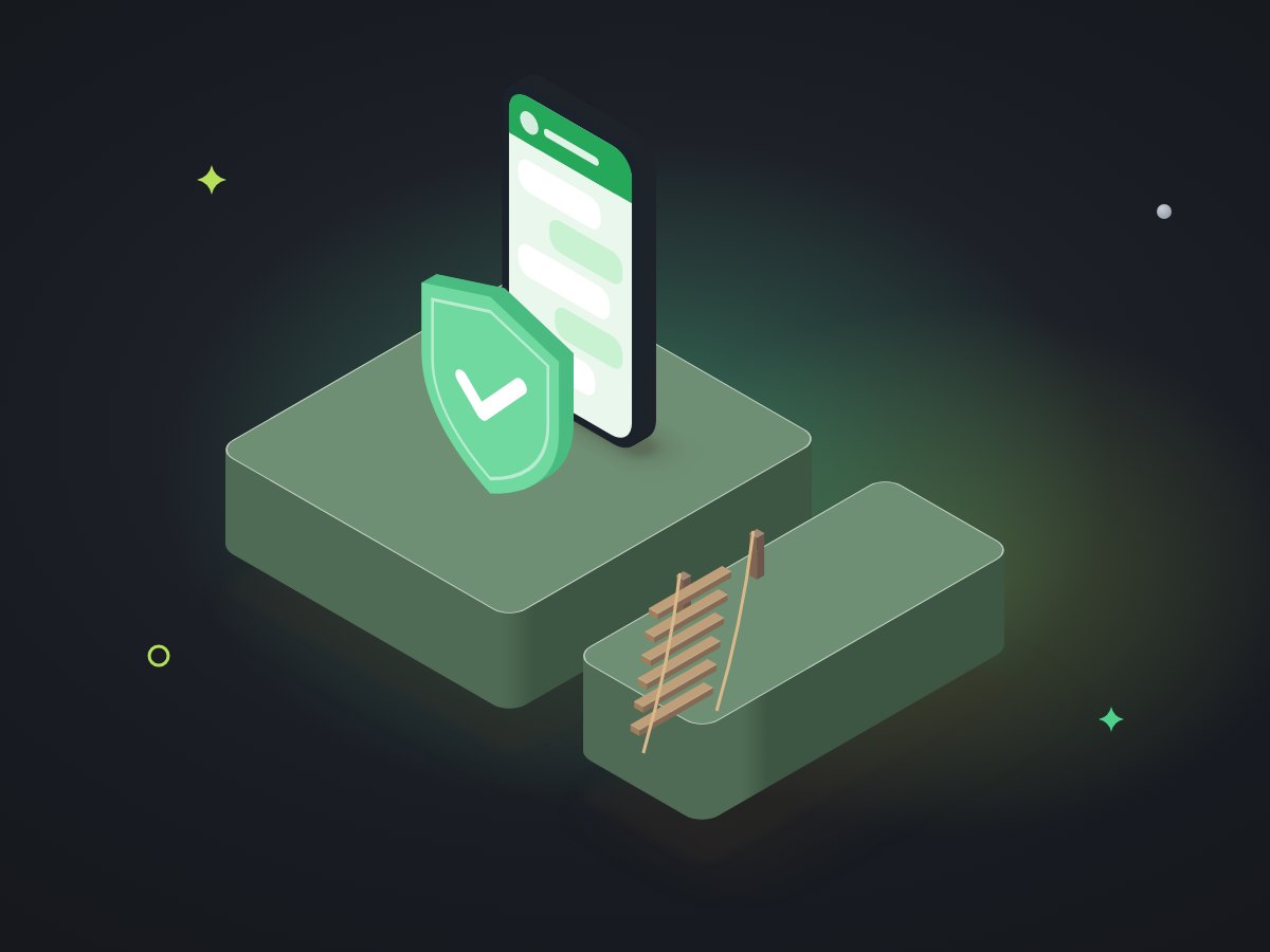 A phone with a chat thread behind a shield with a green check, and a small broken rope bridge off to one side