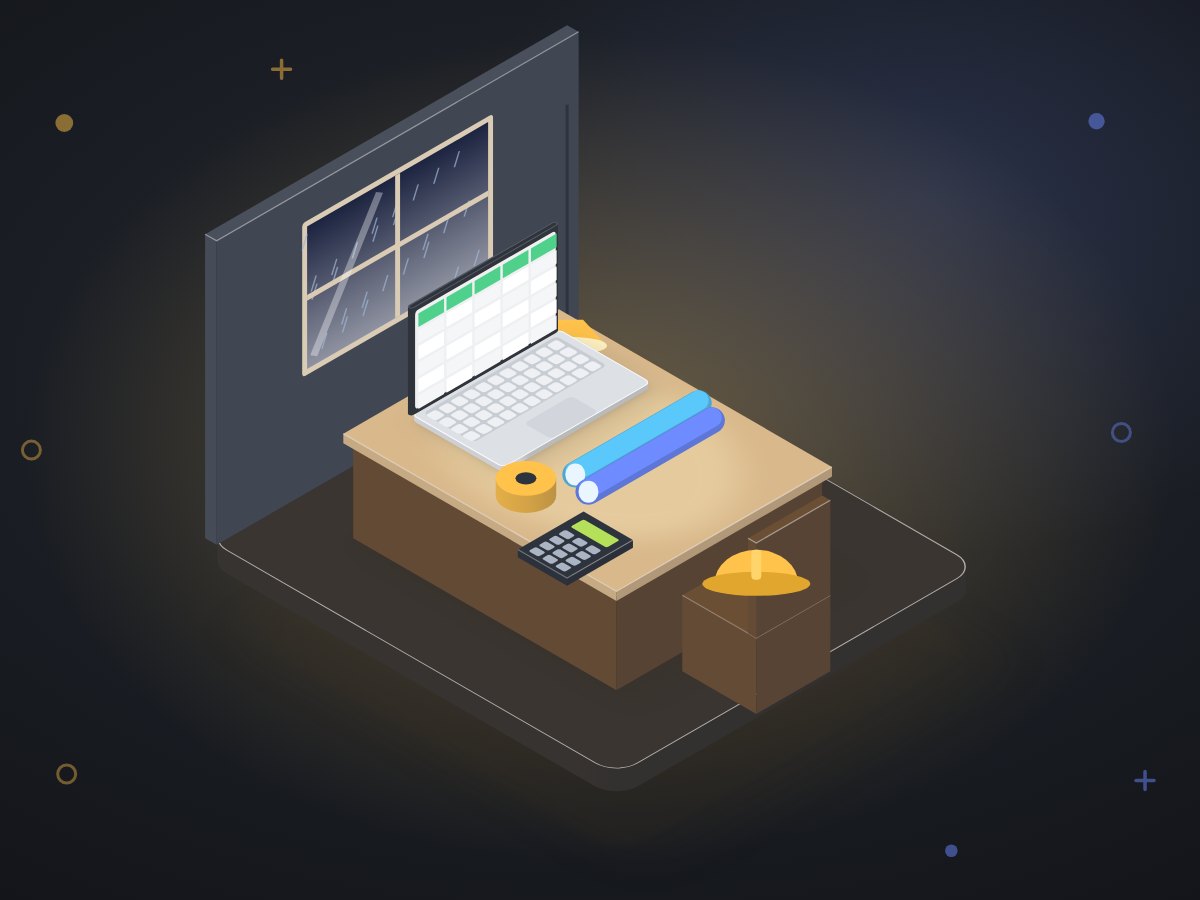 A kitchen table at night covered with rolled plans, a calculator and a laptop spreadsheet under a warm lamp.