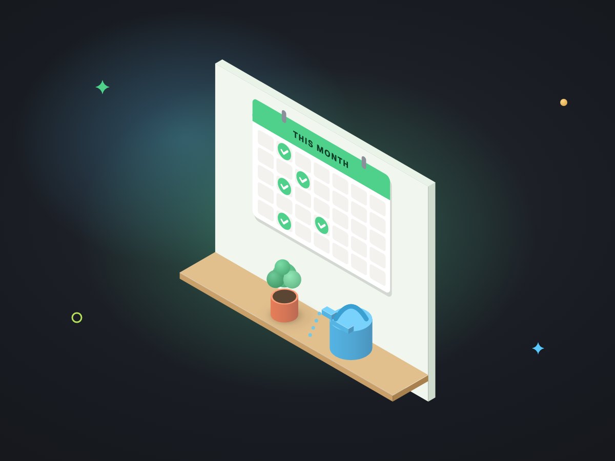 Illustration of a wall calendar with a green check sticker on each week, beside a small watering can tending a potted plant.