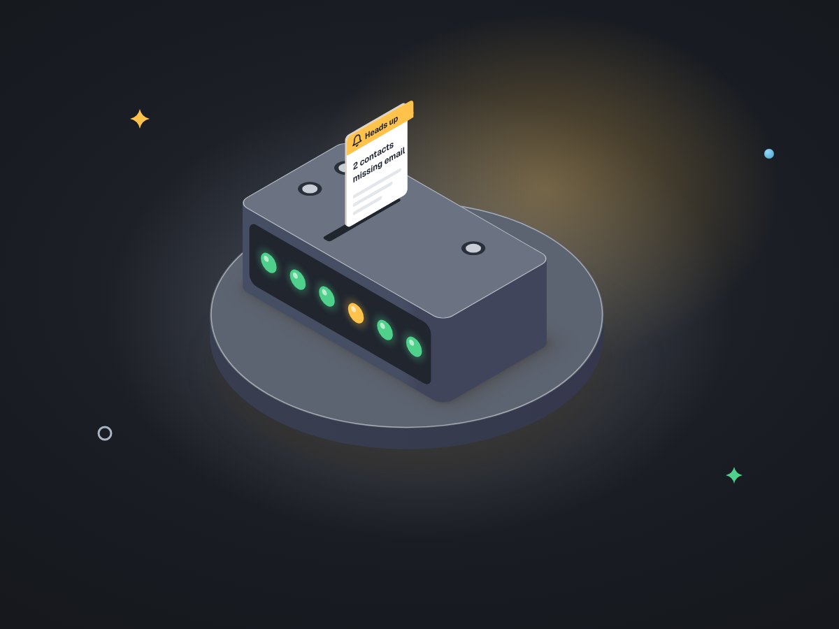 Illustration of a small rule-check panel with a row of lights, one amber light blinking twice before a single alert card prints.