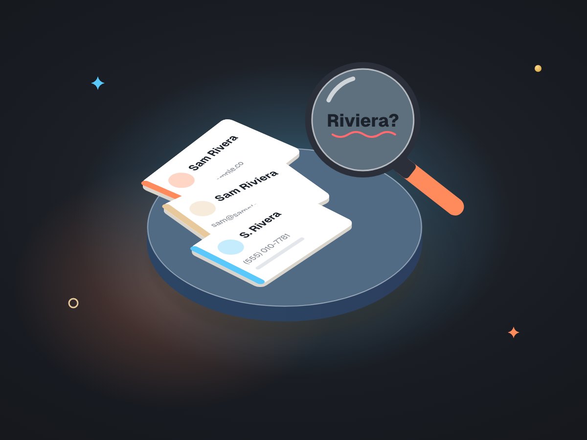 Illustration of three slightly different copies of the same customer card stacked crookedly, with a magnifying glass over the misspelled names.