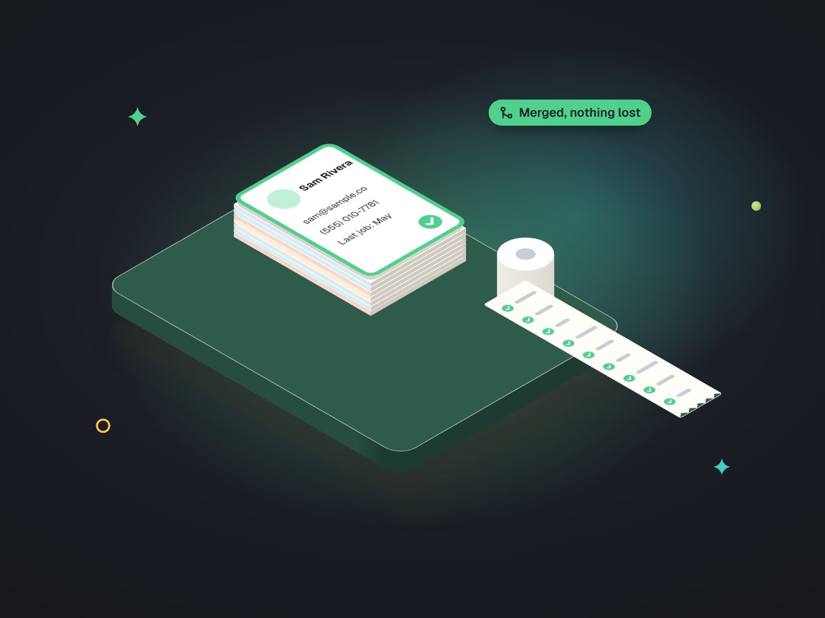 Illustration of a single clean customer card sitting on a neat stack, with a long receipt-like log strip curling out beside it.