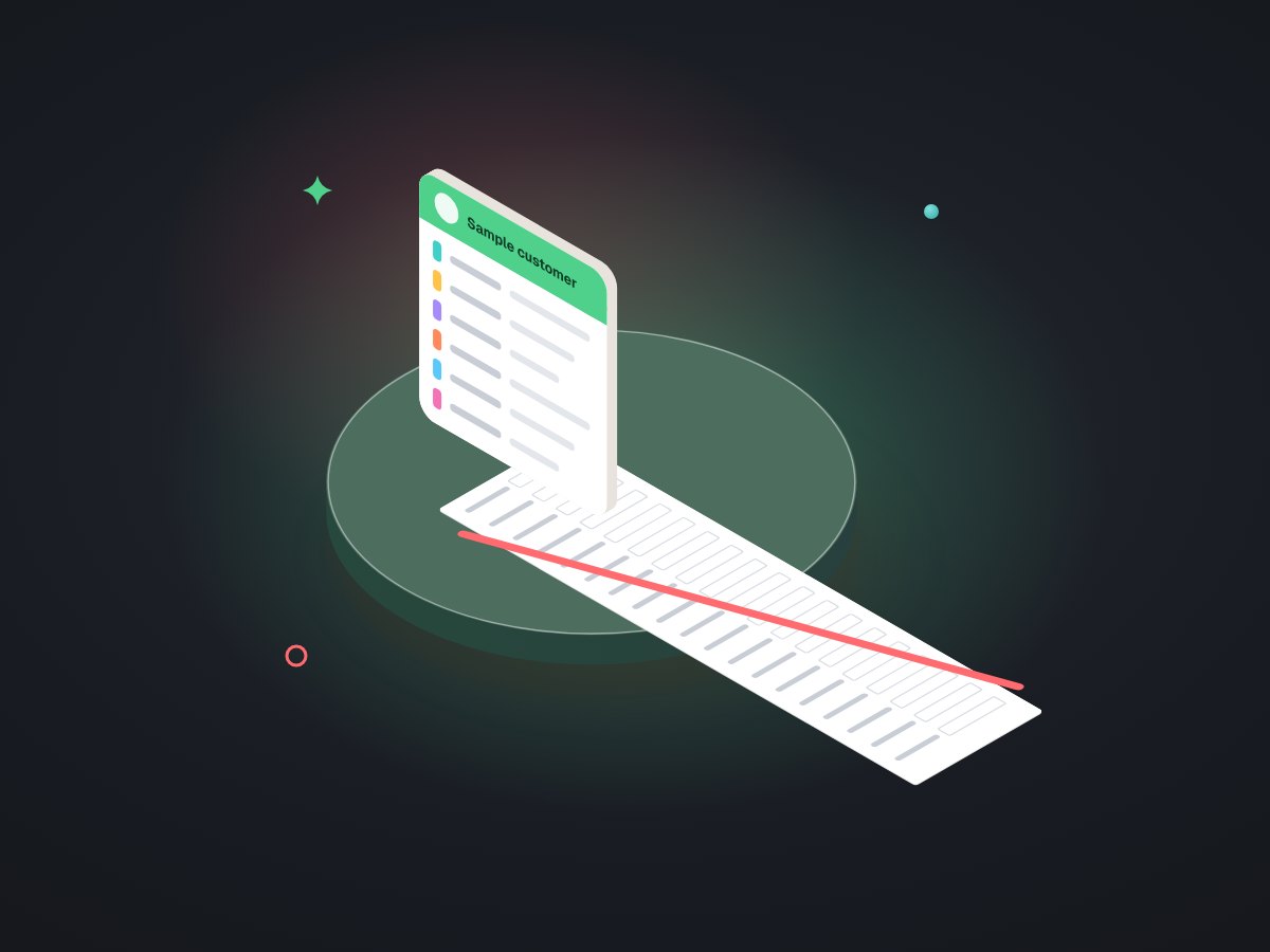 Illustration of a short customer record card with only six fields, next to a long crossed-out form that was left behind.
