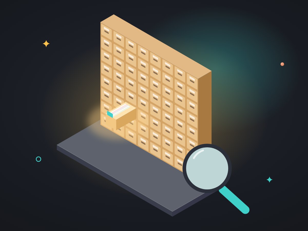 A magnifying glass over a tall wall of small filing drawers, one drawer pulled out and lit