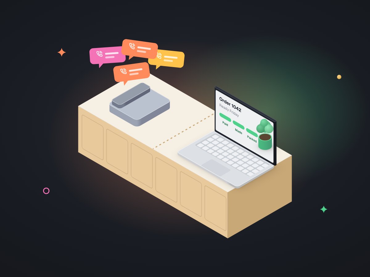 Illustration of a shop counter phone with a pile of ringing call bubbles, beside a quiet laptop showing one order progress bar.