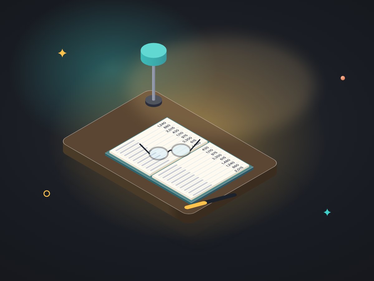Reading glasses resting on an open ledger, with a capped pen set aside: it reads, it does not edit
