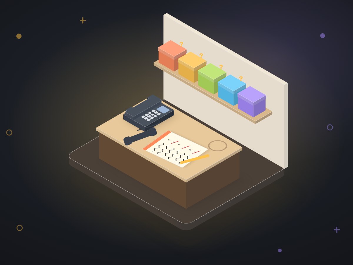 A desk phone off the hook beside a notepad with a hand-written kit order and a row of identical kit boxes nobody can compare.