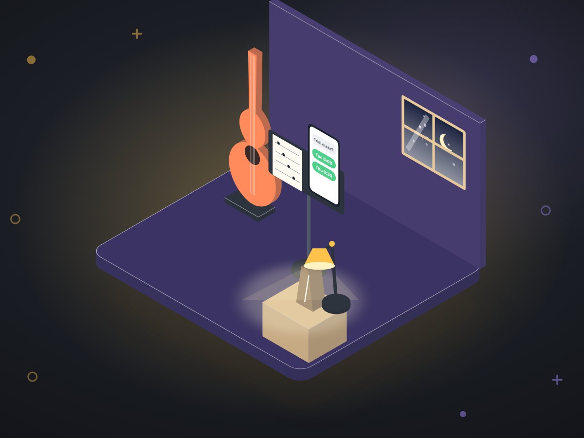 A phone on a music stand at night showing a WhatsApp-style chat offering two trial class slots, a guitar leaning nearby.