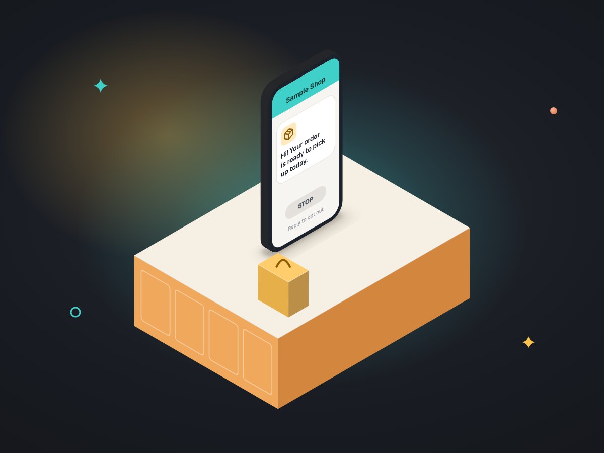 Illustration of a phone showing one short friendly text that an order is ready, with a small STOP reply button underneath.