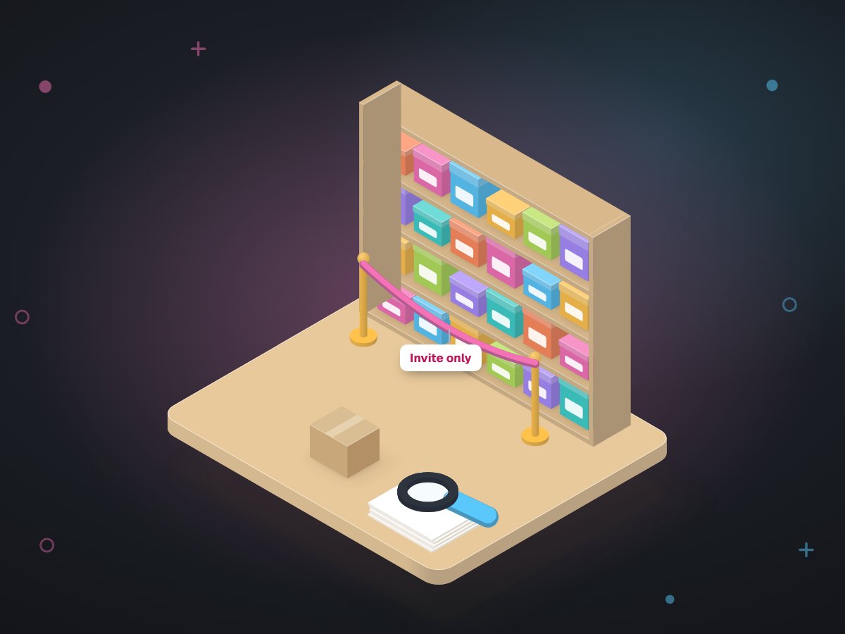 Illustration: a parcel waiting at a marketplace shelf roped off with an invite-only tag