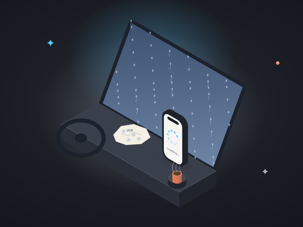 Illustration of a crumpled, rain-spotted paper job form on a van dashboard, next to a phone with a spinning loading wheel.