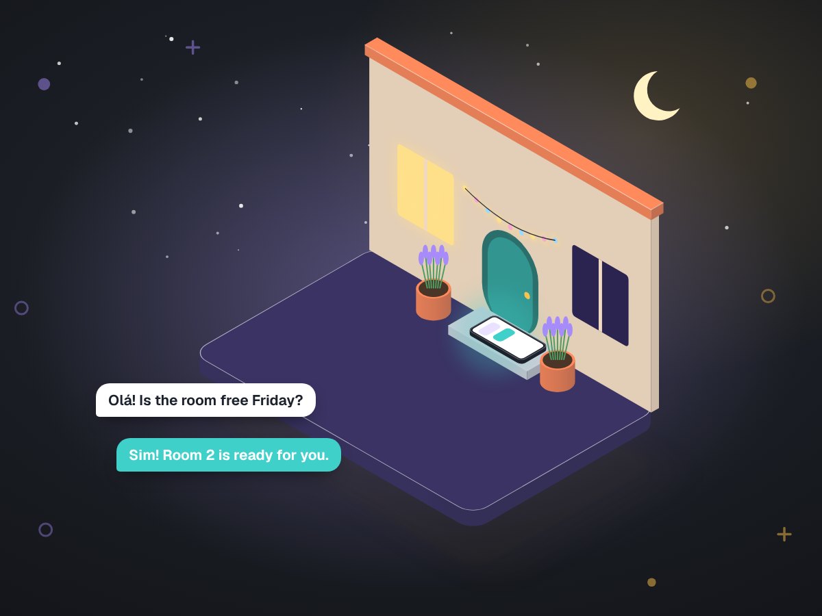 A small guesthouse at night under a crescent moon, one lit window and a phone on the doorstep glowing with a message in Portuguese.
