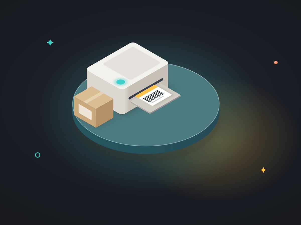 Illustration of an office printer with a print button glowing, and a shipping label sliding out on its own with no screen in sight.