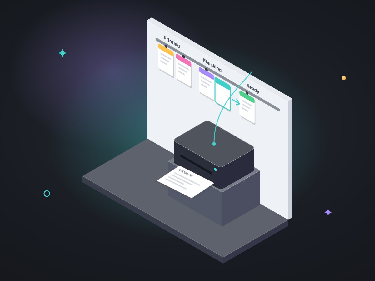 Illustration of an invoice coming out of a printer and a job card on a rail sliding forward one stage by itself.