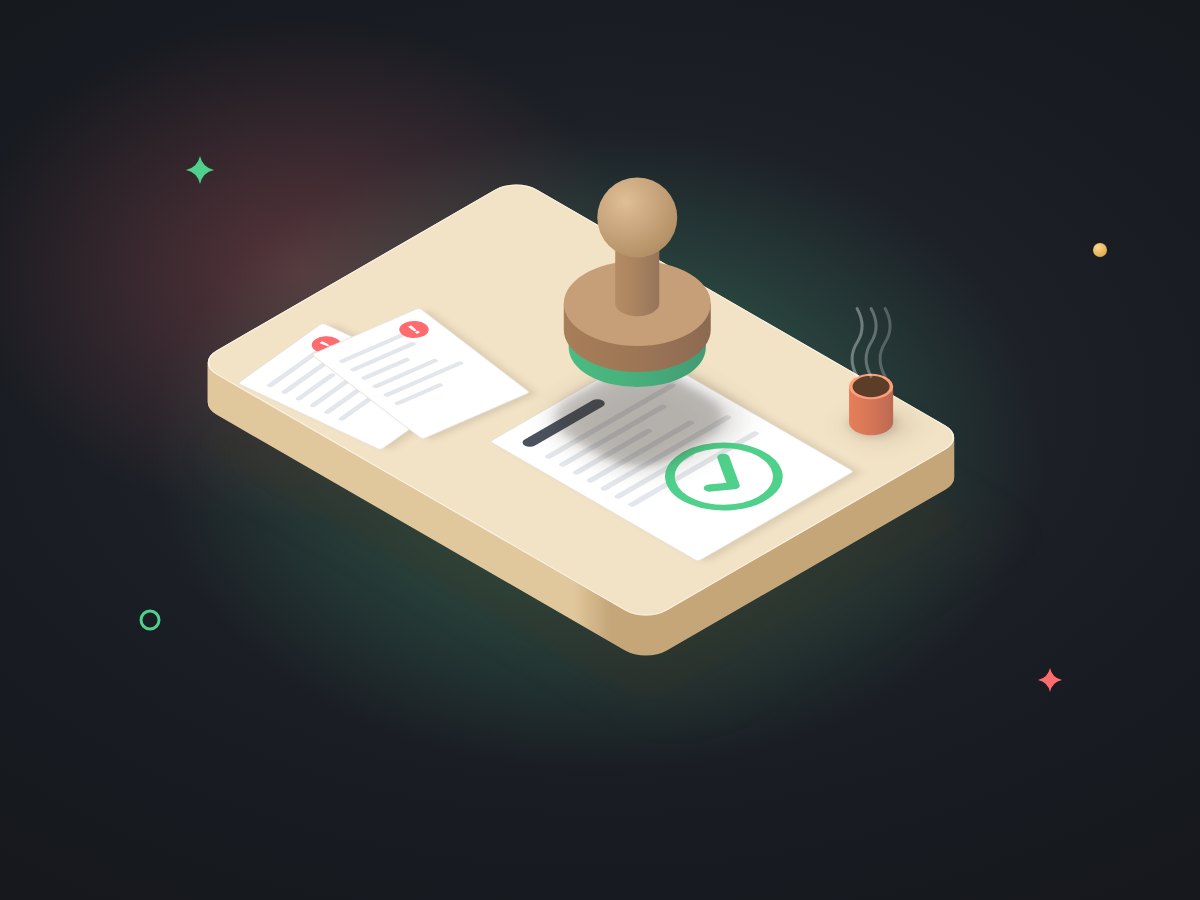 A large approval stamp pressing a green check onto one document, with two conflicting pages set aside