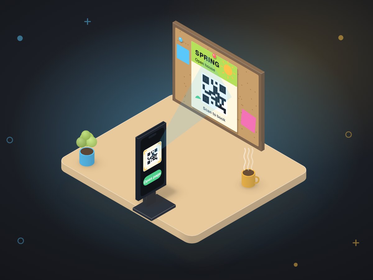 Illustration: a promotion flyer with a QR code being scanned by a phone on a stand