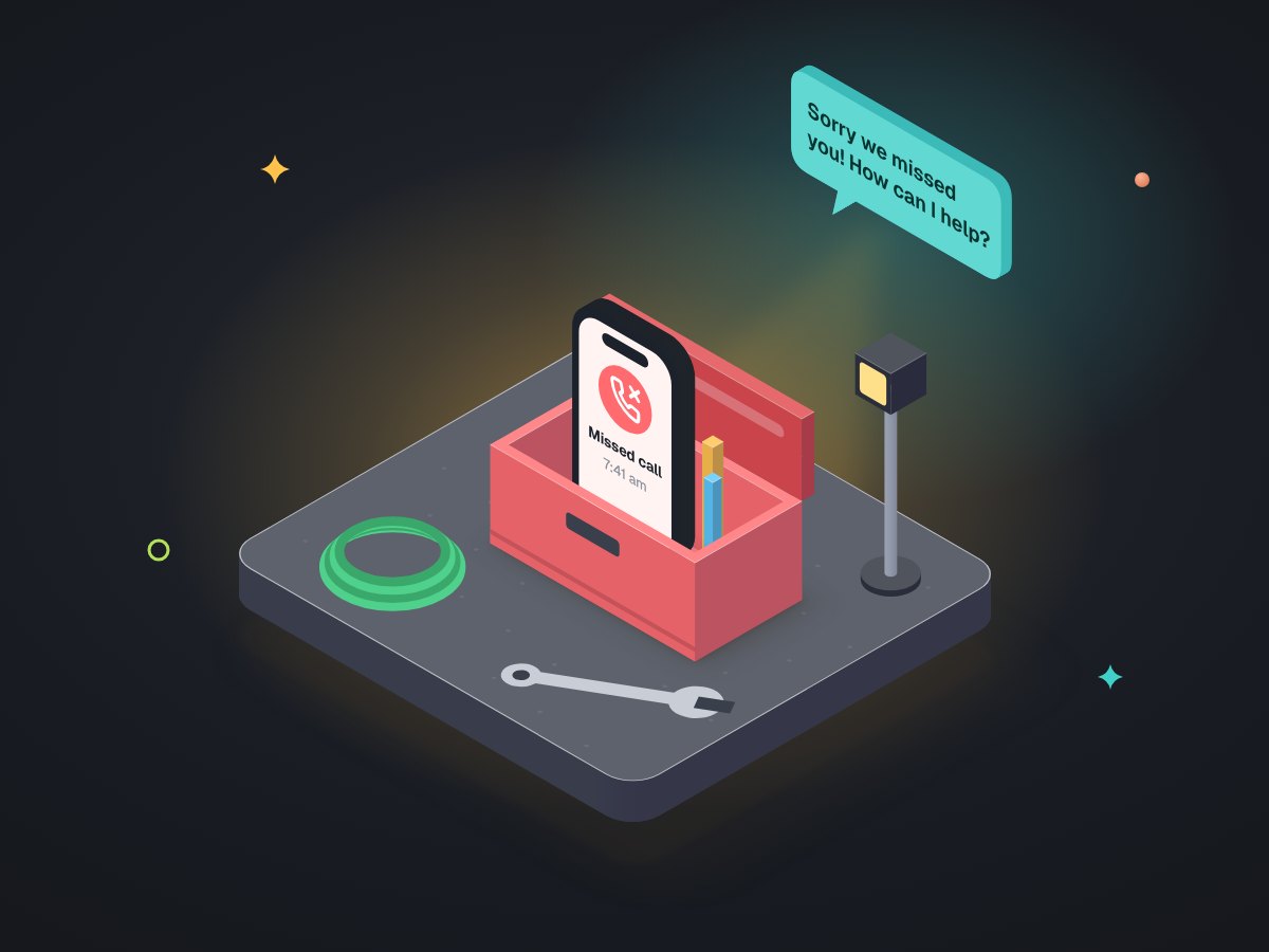 Illustration of a phone resting on a toolbox, lighting up with a missed call while a short reply text bubble goes out.