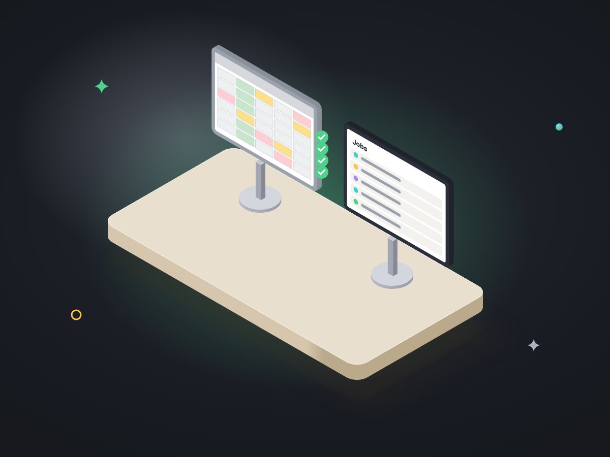 Illustration of two monitors side by side showing the same order list, an old grey spreadsheet and a new clean screen, with matching green ticks between them.