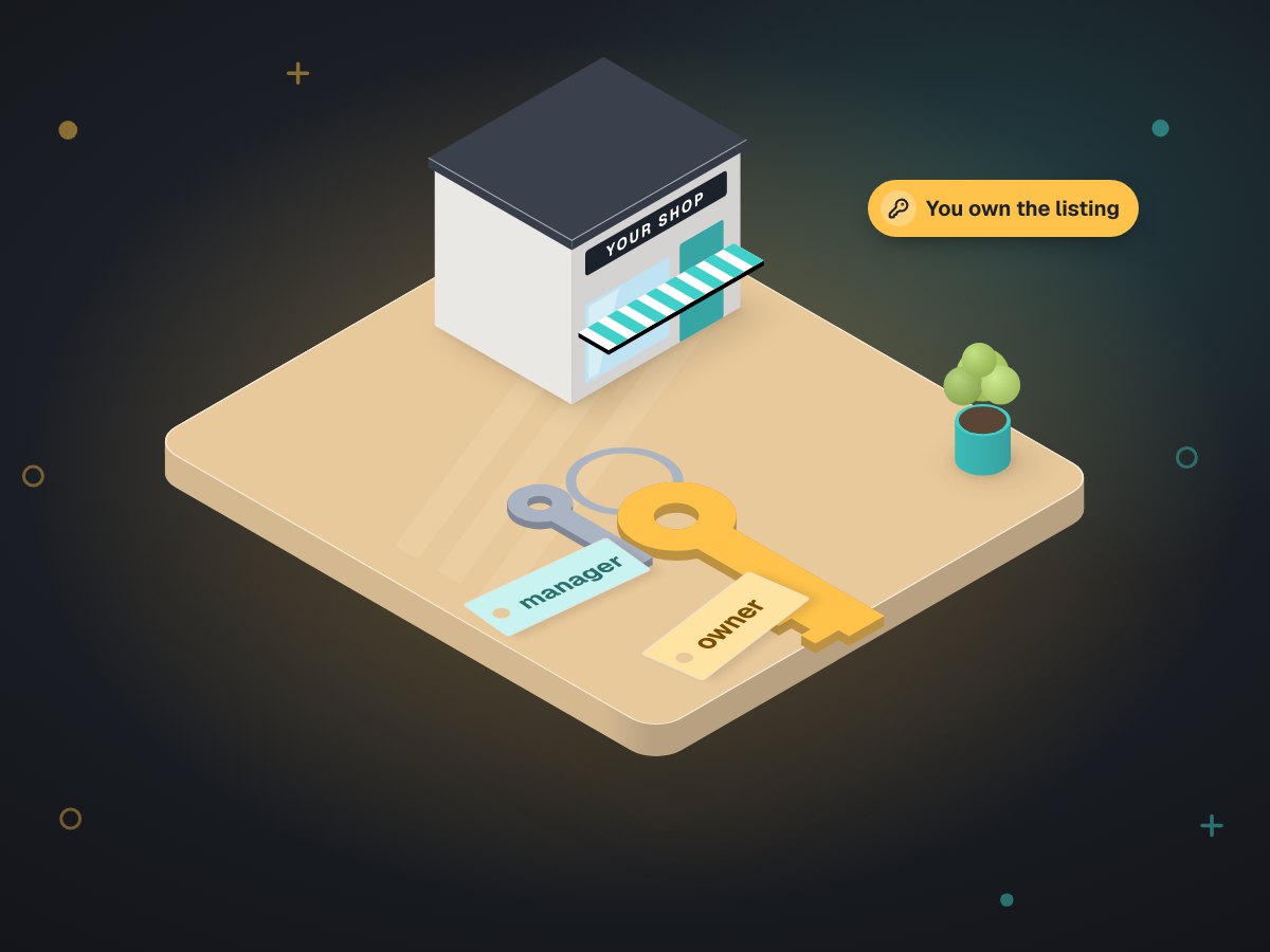 Illustration: a key ring with a large owner key and a small manager key beside a storefront model