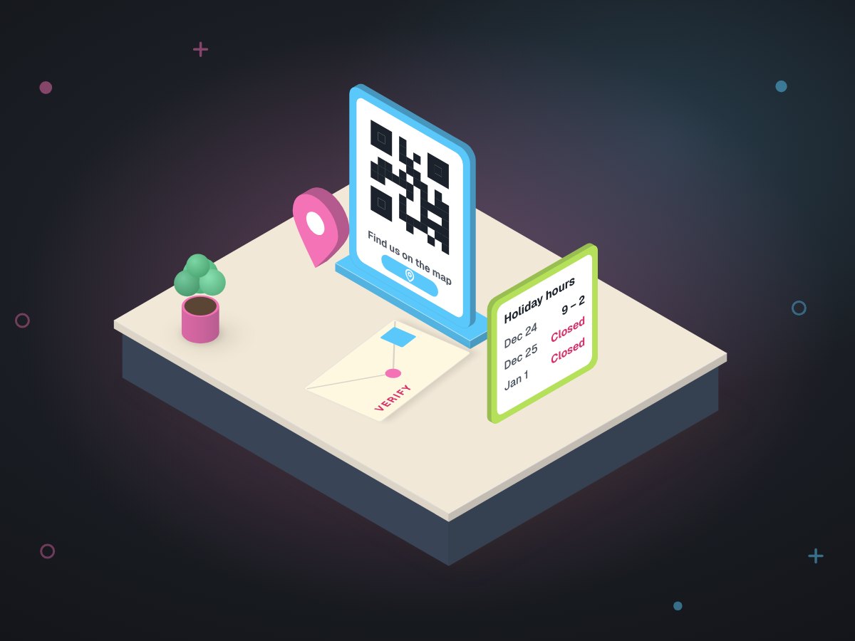 Illustration: a counter QR code stand next to a holiday-hours card and a verification postcard
