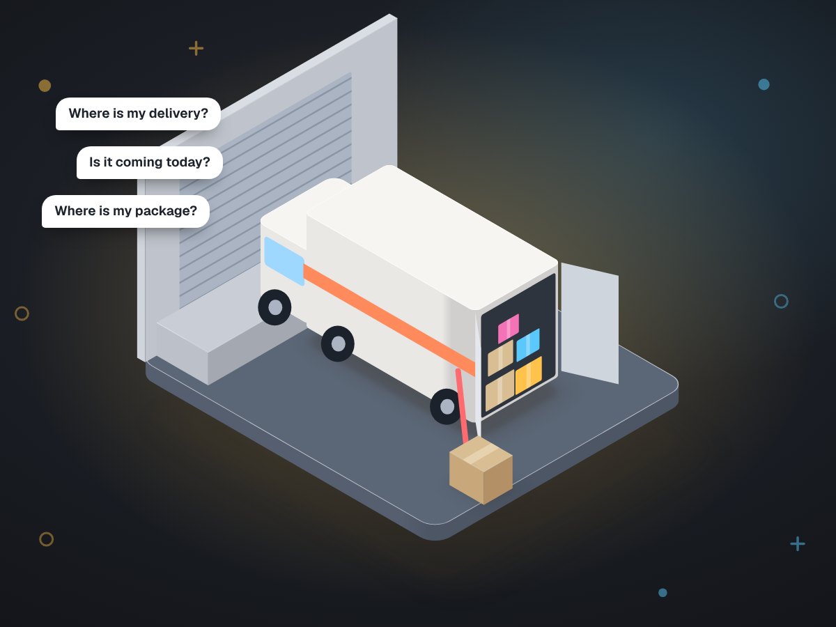 A courier van at a loading dock stacked with parcels, a phone on the dashboard lit up with 
