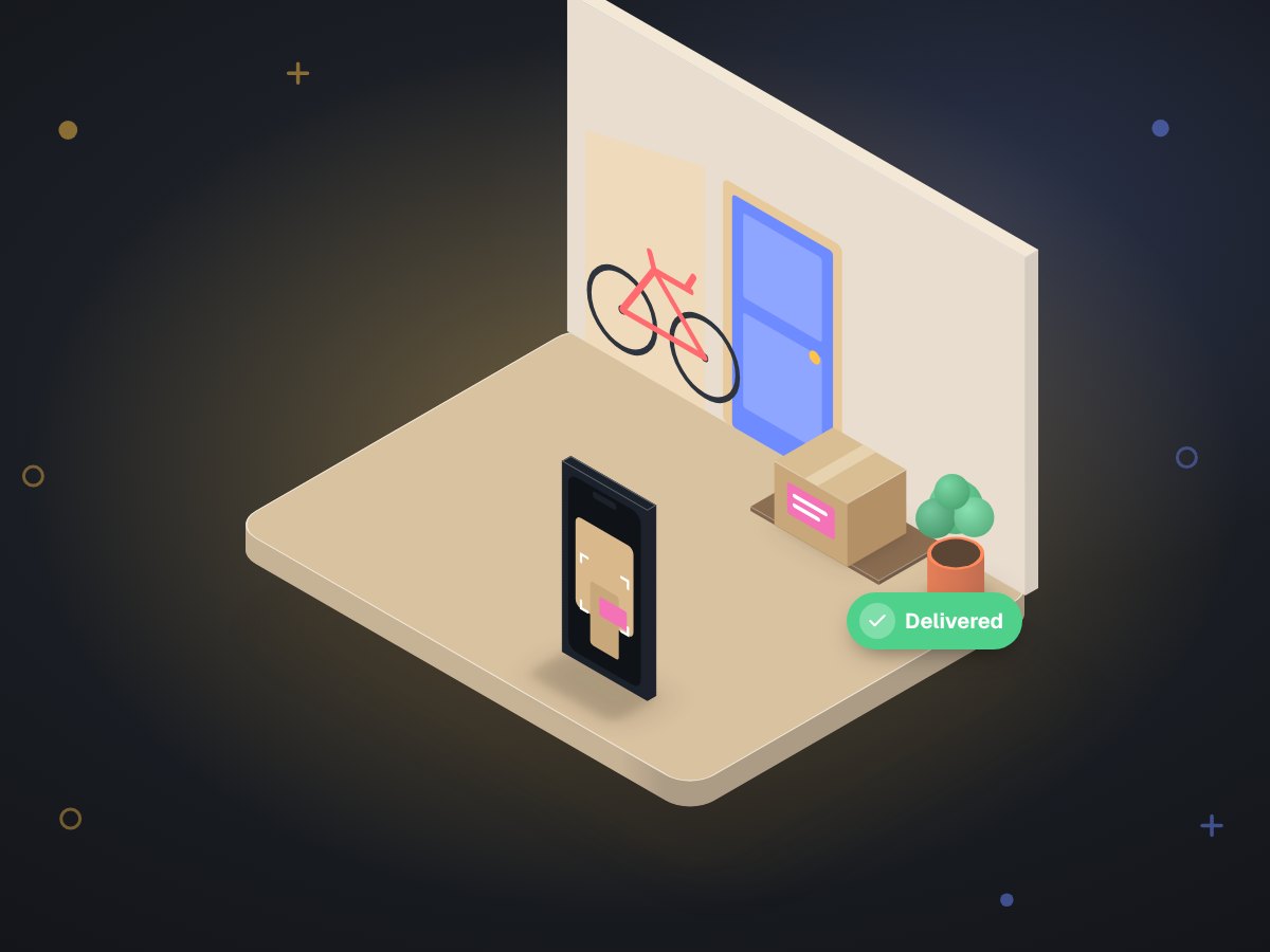 A parcel left at a blue front door with a phone above it capturing the delivery photo and a green check.