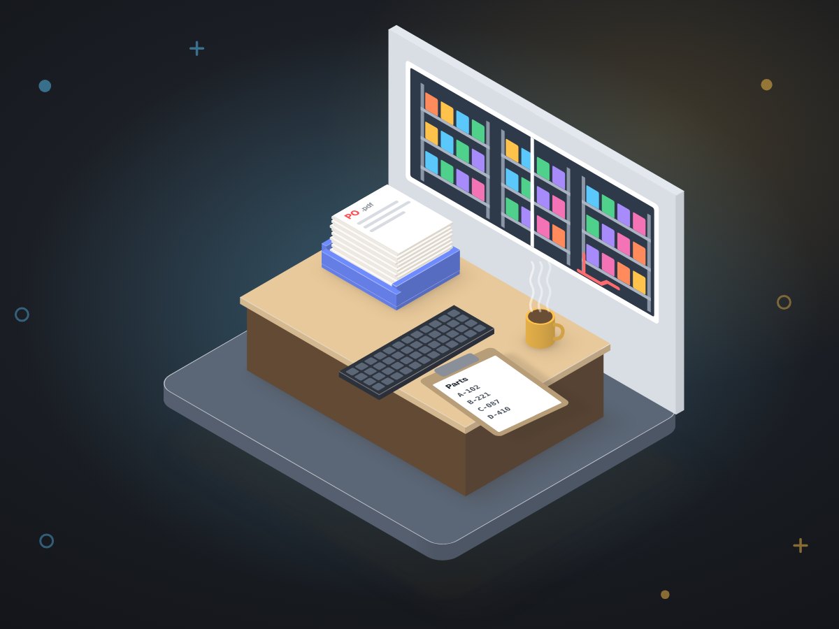 A warehouse office desk buried under printed purchase orders, a keyboard and a mug, shelves of boxed stock behind.
