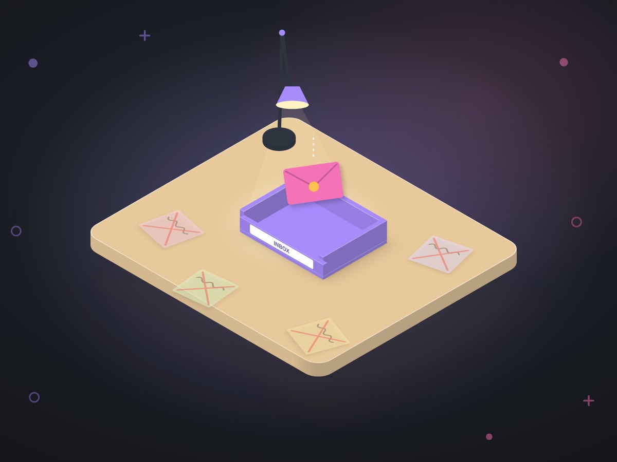 Illustration: a single inbox tray catching one envelope while scattered sticky notes fade away