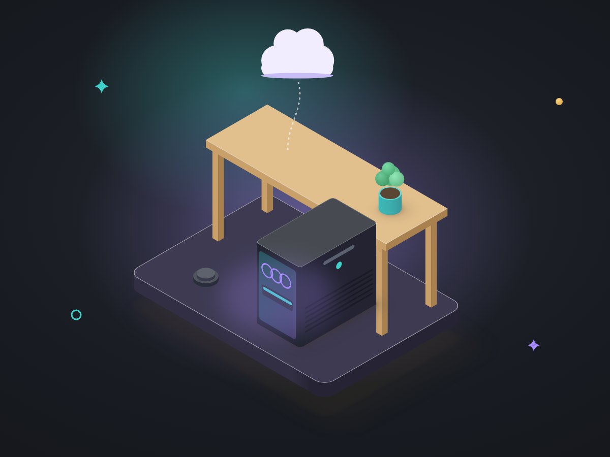 A desktop PC tower with a glowing graphics card under a desk, linked by a dotted line to a small cloud above