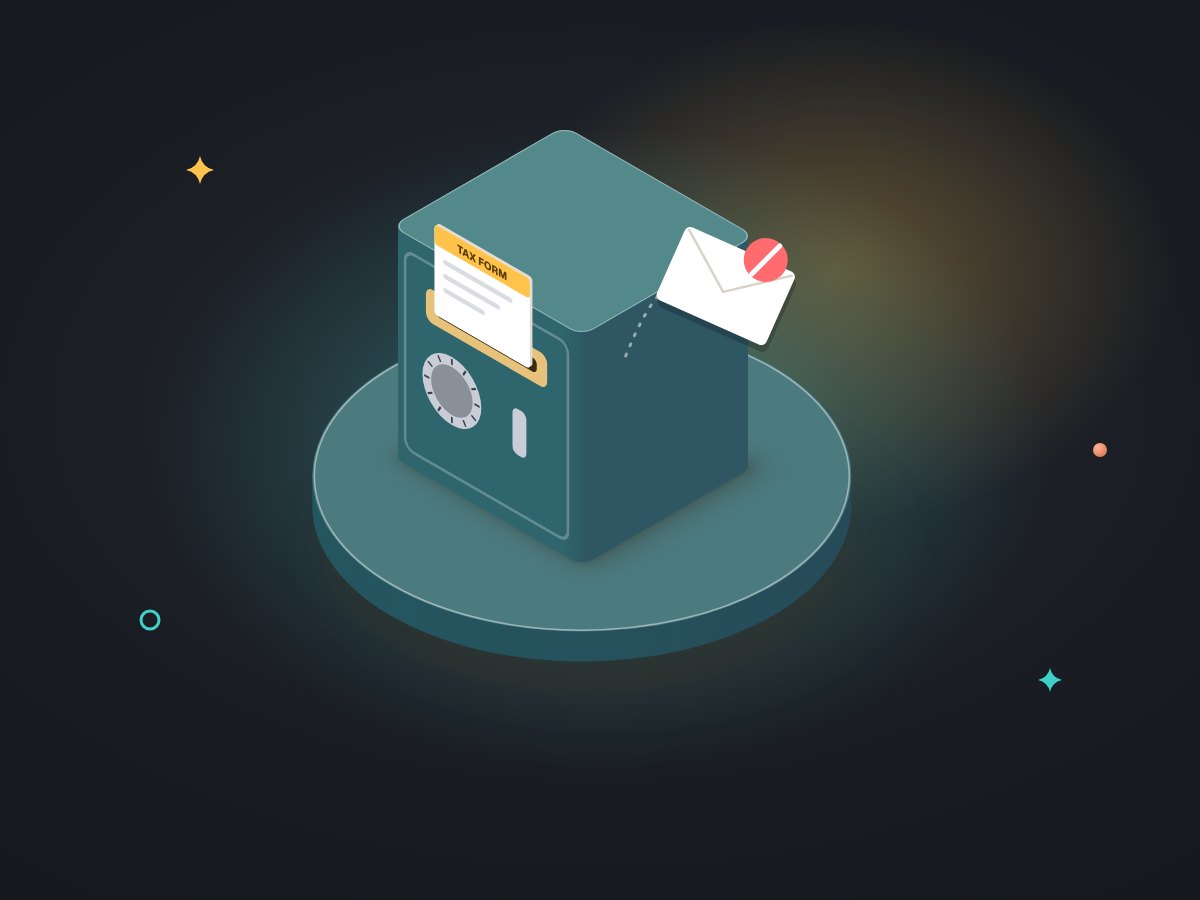 A small safe with a letterbox slot taking in a tax form, while an email envelope is turned away beside it