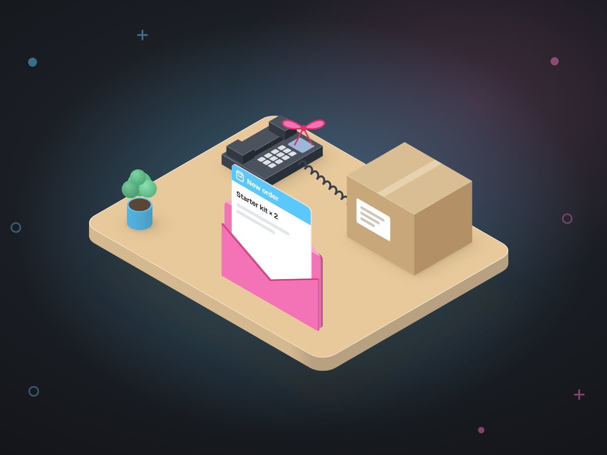 Illustration: a desk phone set aside next to a parcel with an order email popping out of an envelope