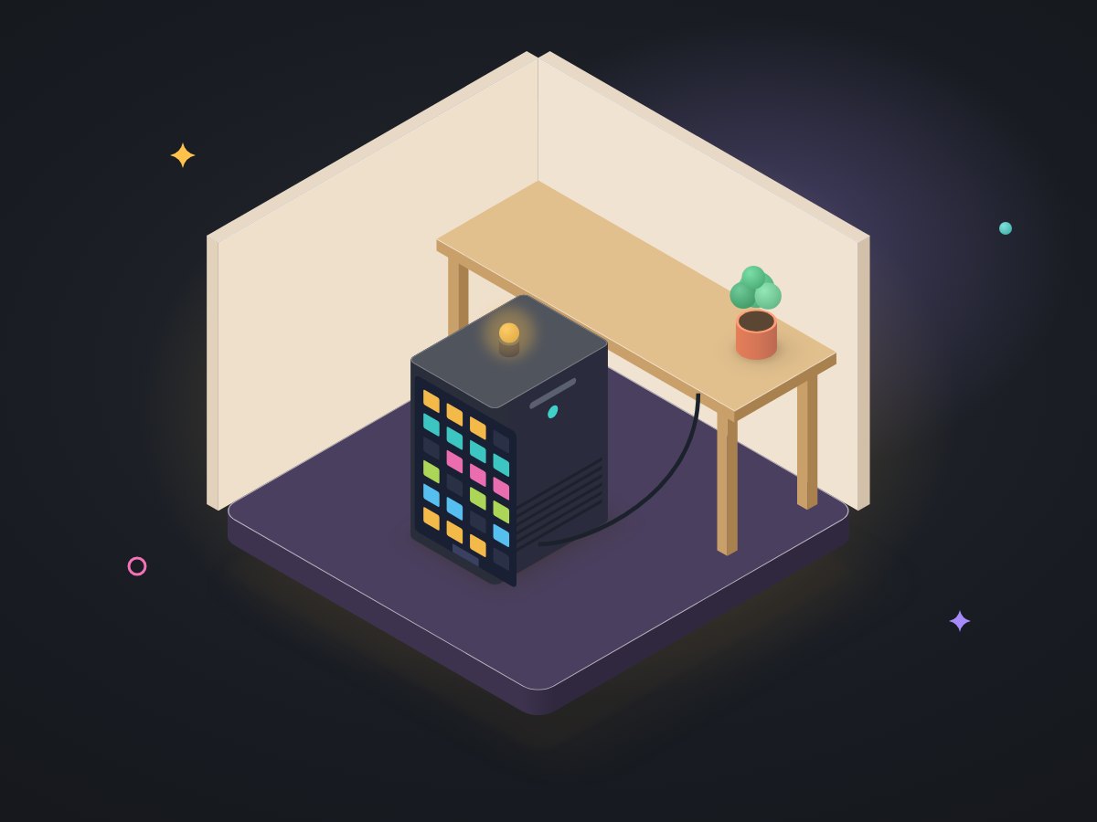 Illustration of a single desktop PC tower glowing under a desk, with tiny lit windows on its side like floors of a building.