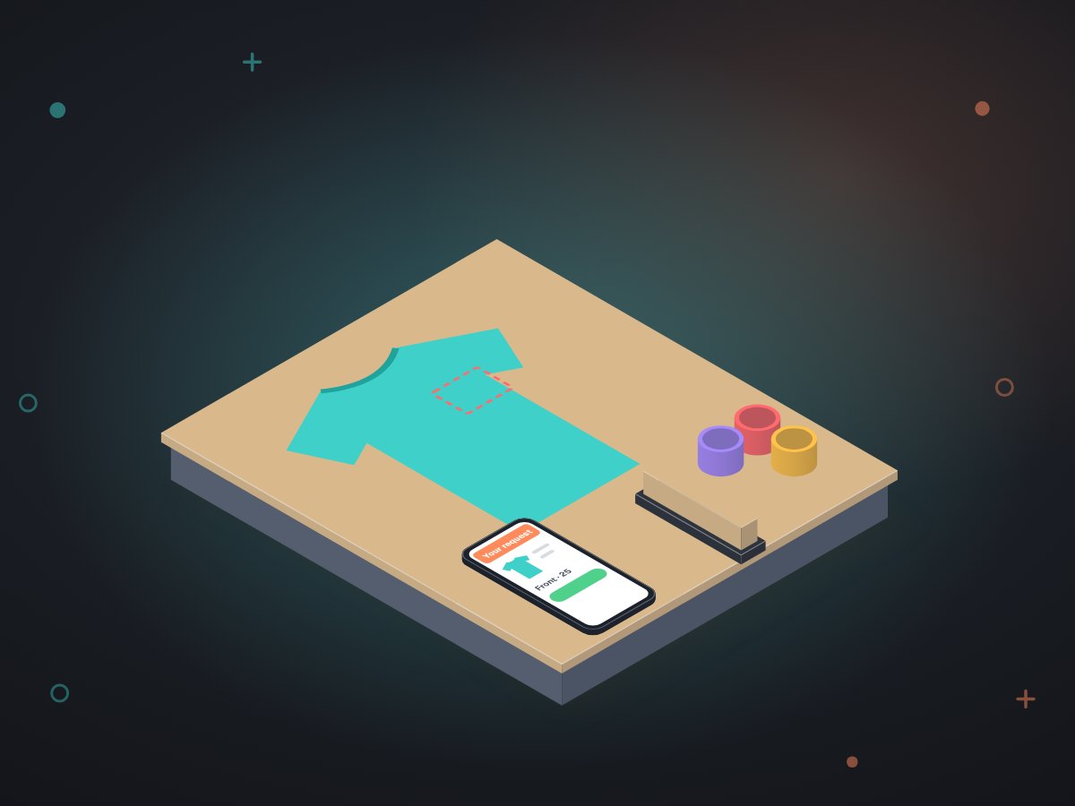 A T-shirt laid flat with a chest placement marked by a dashed box, next to a phone showing the matching request recap.