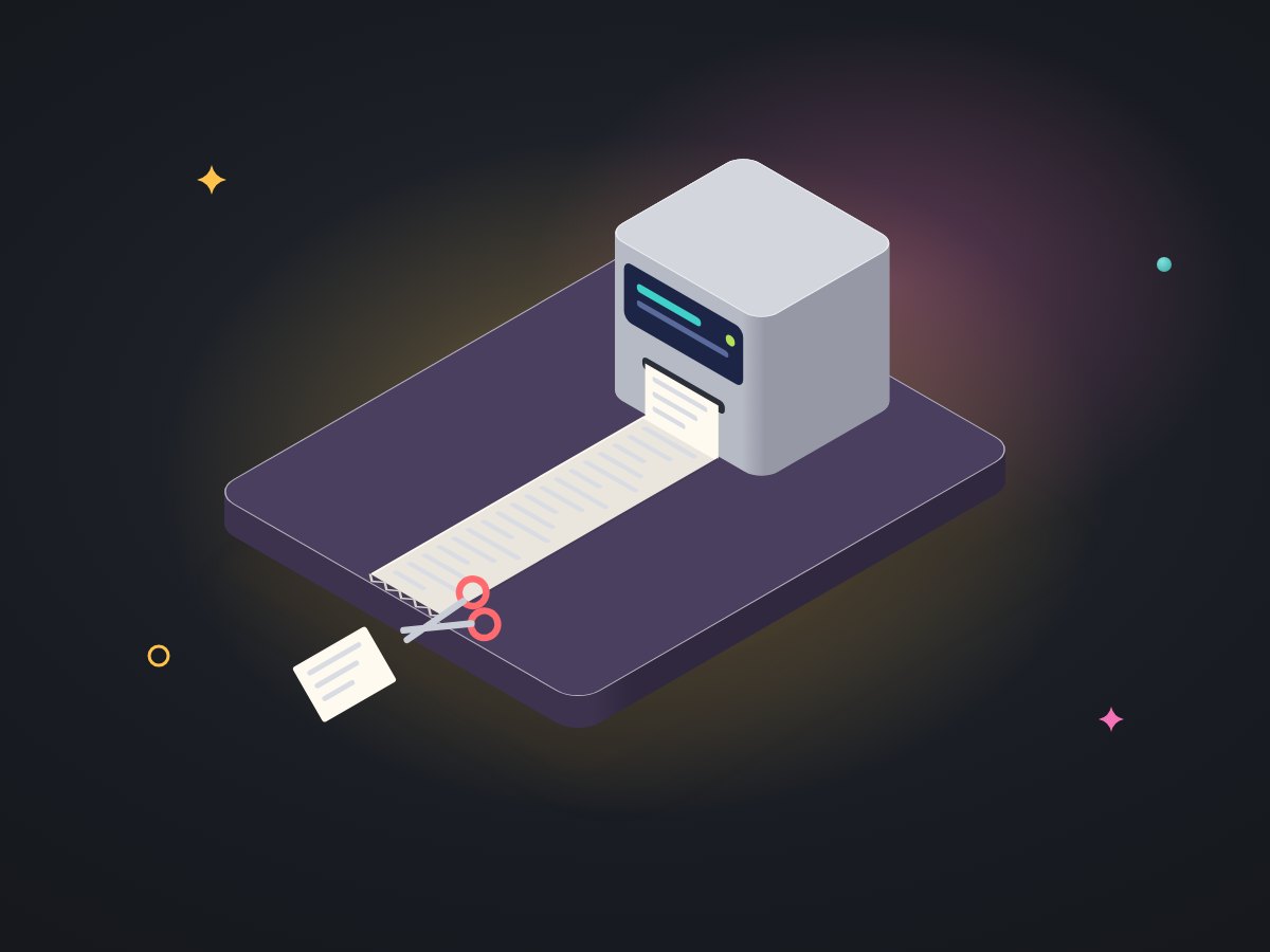 Illustration of a long paper prompt scroll being fed into a small computer, with the end of the scroll snipped off and falling to the floor unnoticed.