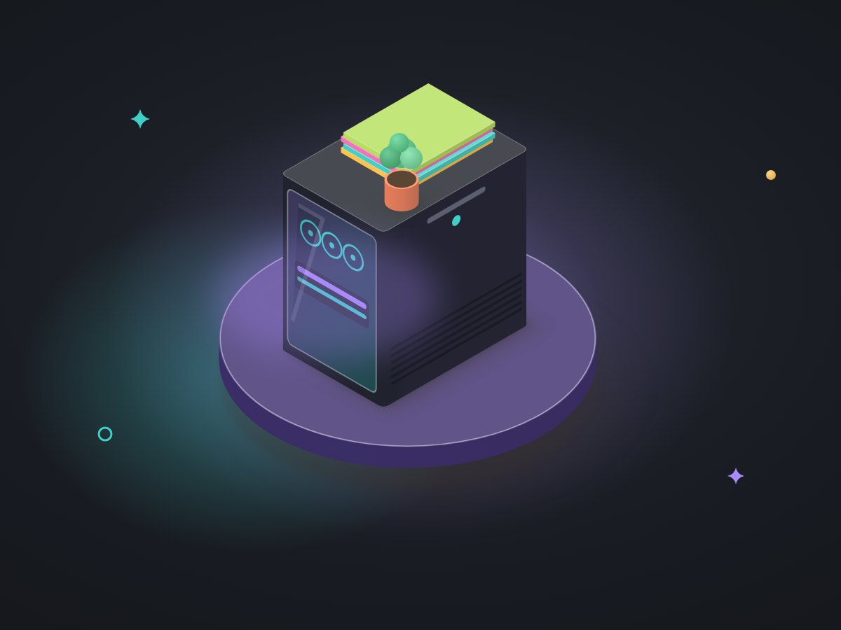 Illustration of an open PC case with a glowing graphics card inside, a small potted plant and a stack of folders resting on top of the case.