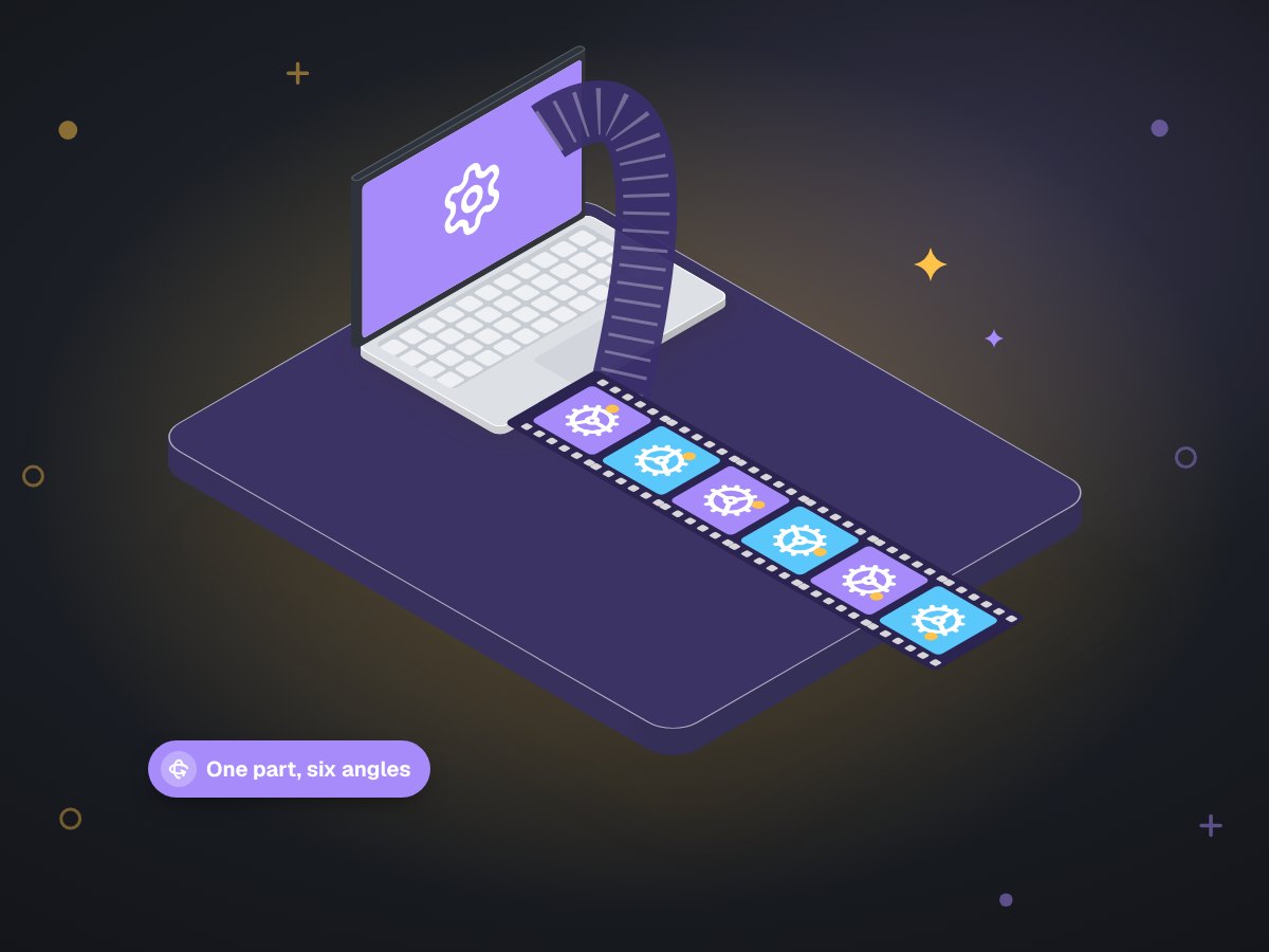 Illustration: a film strip unrolling from a laptop, each frame showing a product at a new angle