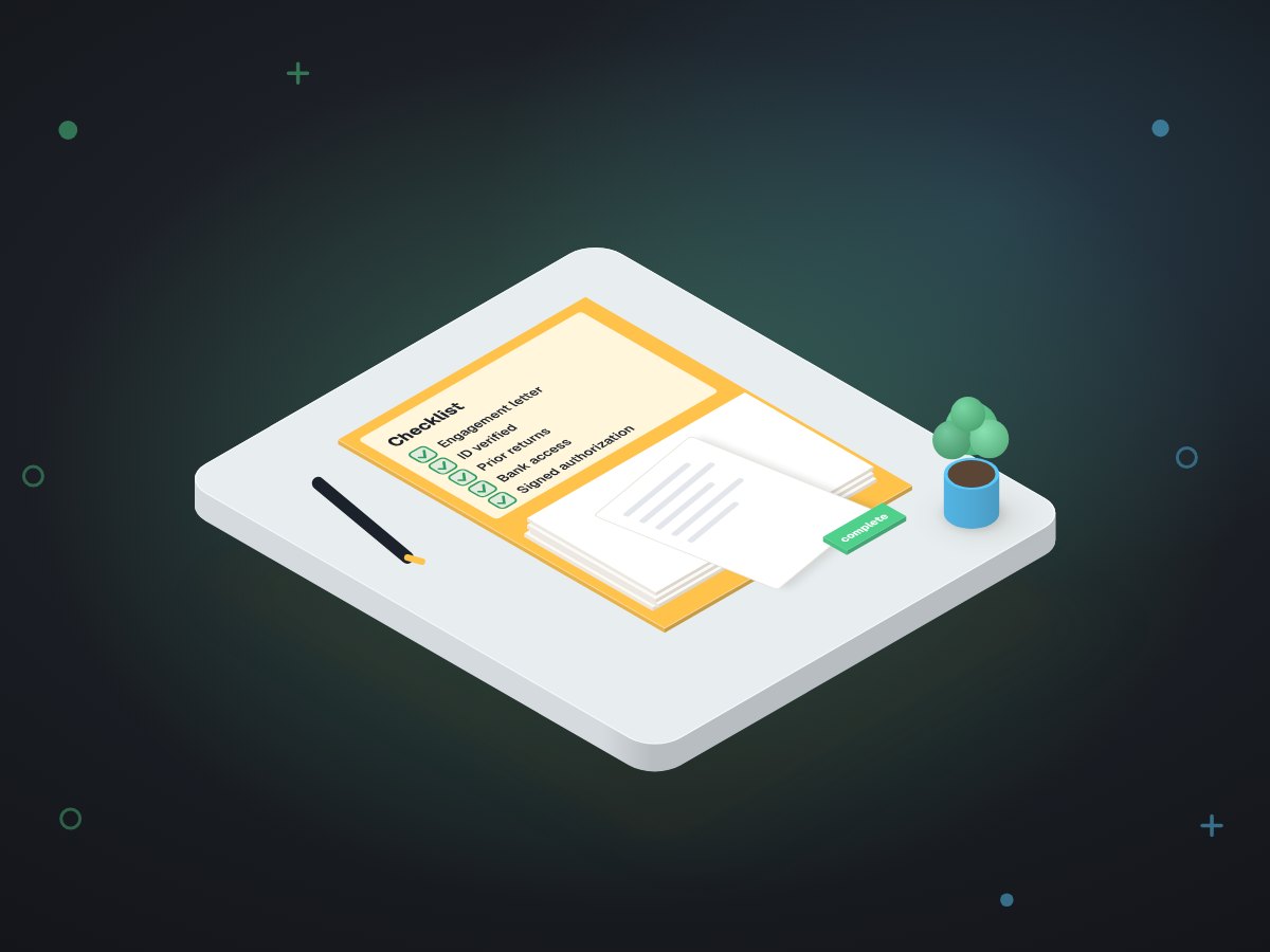 A client folder on a desk with every checklist item ticked and documents slotting in, a green