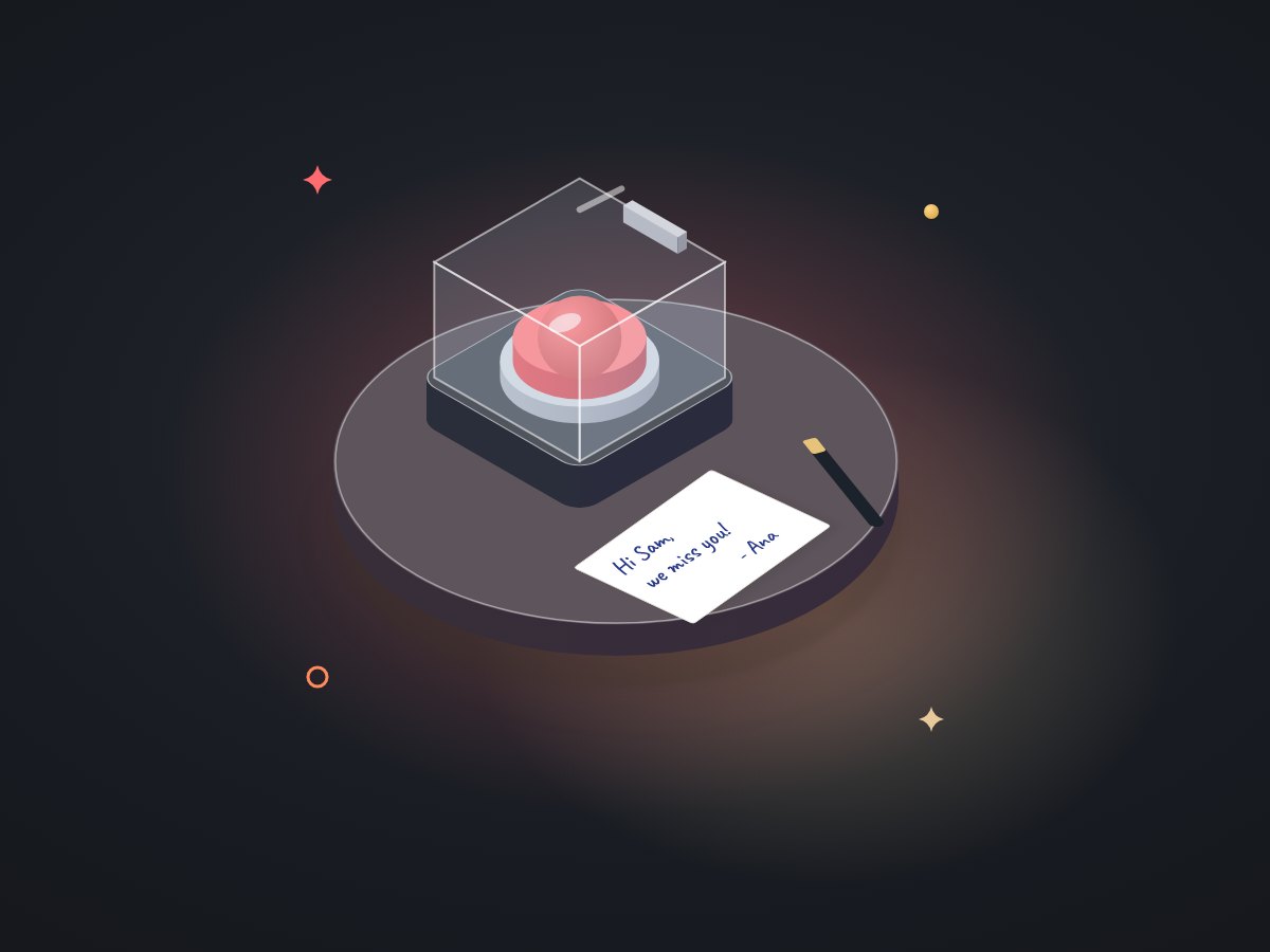 Illustration of a big send button under a clear protective cover, with a handwritten note card and pen resting beside it.